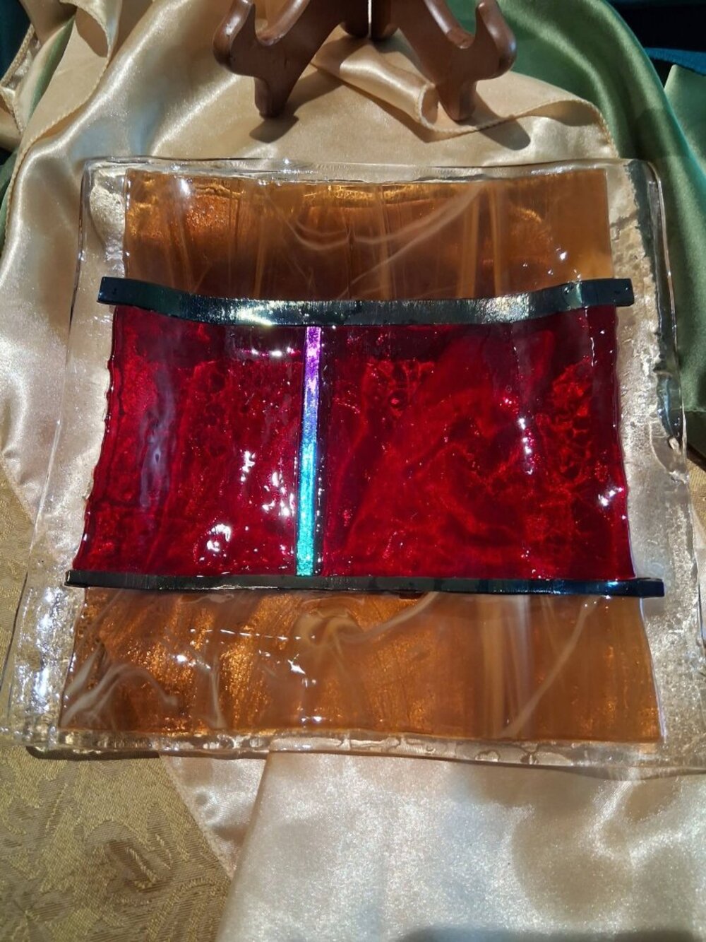 1990s Studio Art Fused Glass Dish Tray Amber Red Dichroic Modern Catchall